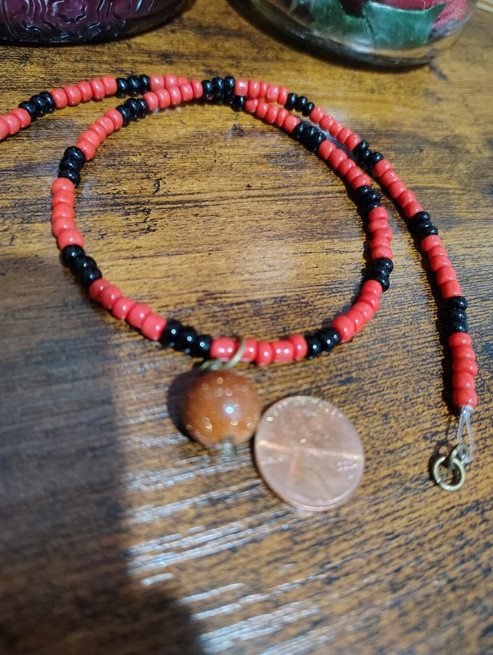 Red and Black Beaded Necklace with Goldstone Accent - Men's Necklace